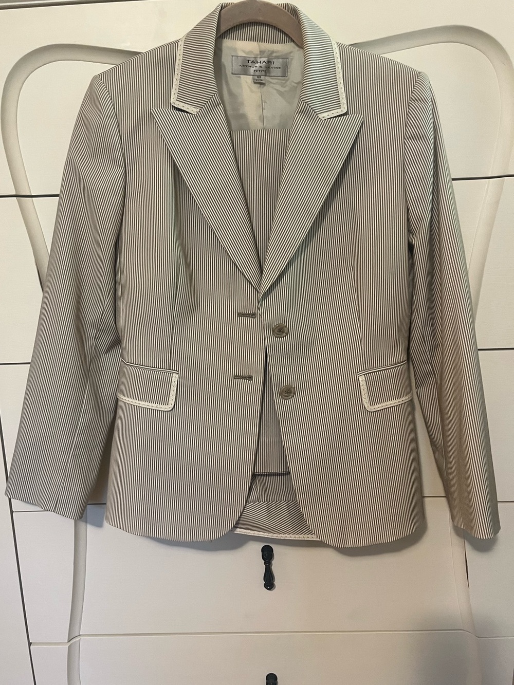 Tahari Cream Blazer with Tan Pinstripes